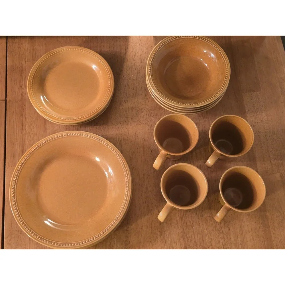 Pier 1 Spice Route Ginger Dinnerware Set 16 Pc Beaded Stoneware Service for 4 NO